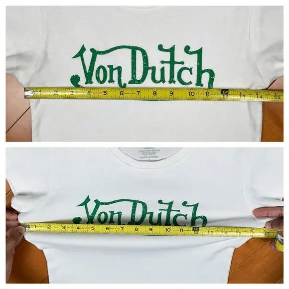 Y2K Von Dutch Logo Graphic Baby Tee White Green Babydoll T Shirt Vintage - Picture 12 of 15